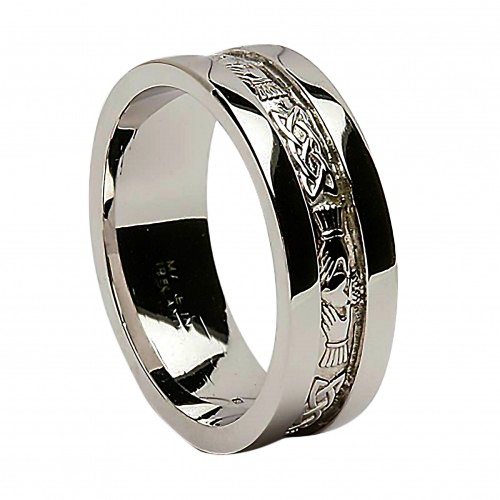 White Gold Wedding Ring - Corrib Claddagh Wide Sides - 14 Karat Irish Wedding Rings